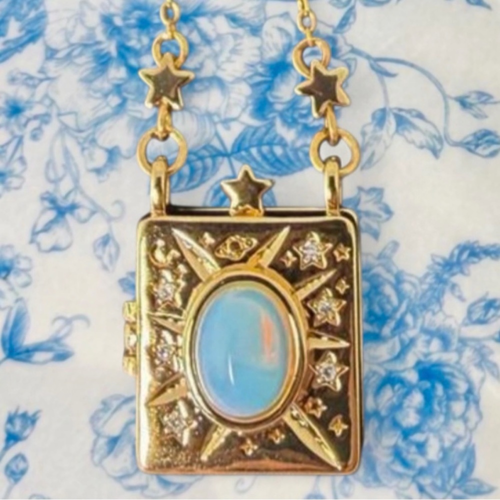 Celestial Gold Stars Moon Locket Necklace w/Opal Moonstone Pendant ✨ LAST ONE✨